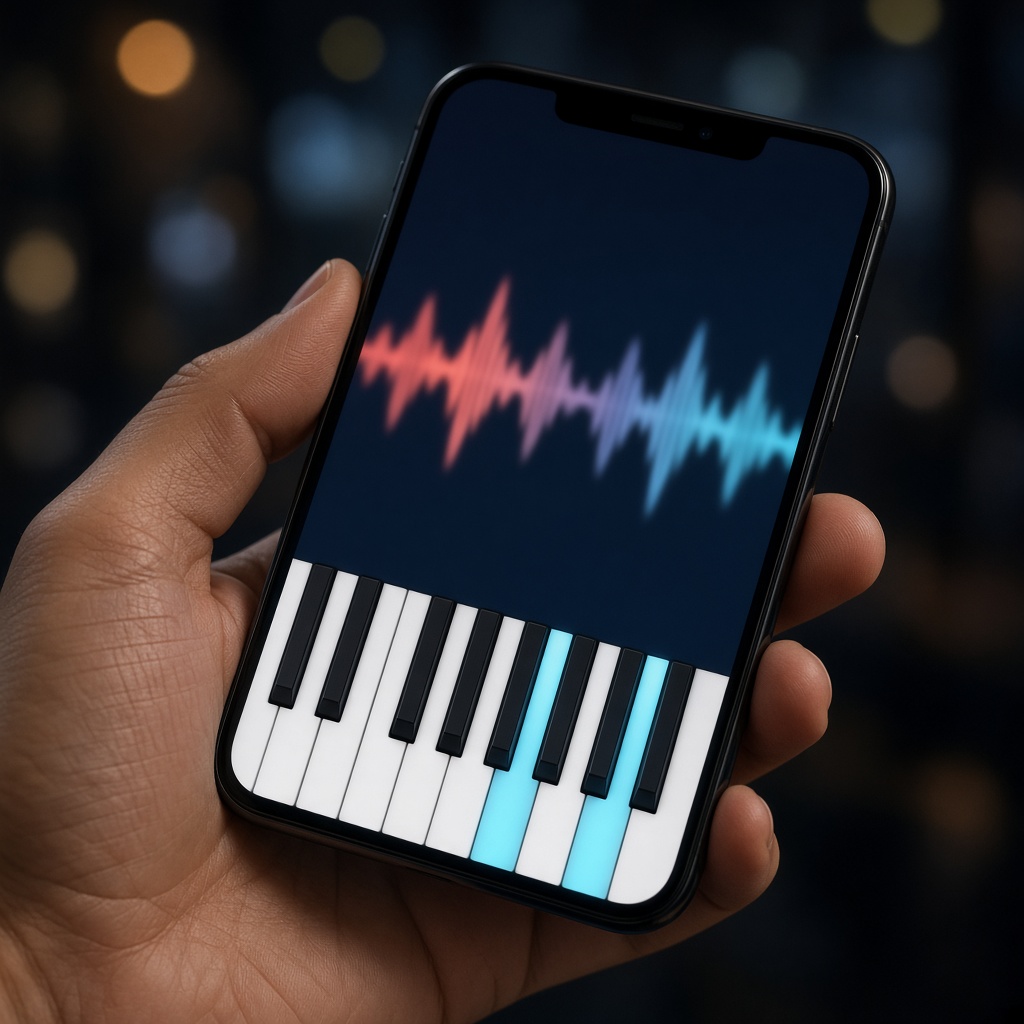 Celular na mão, com teclado e uma forma de onda na tela.