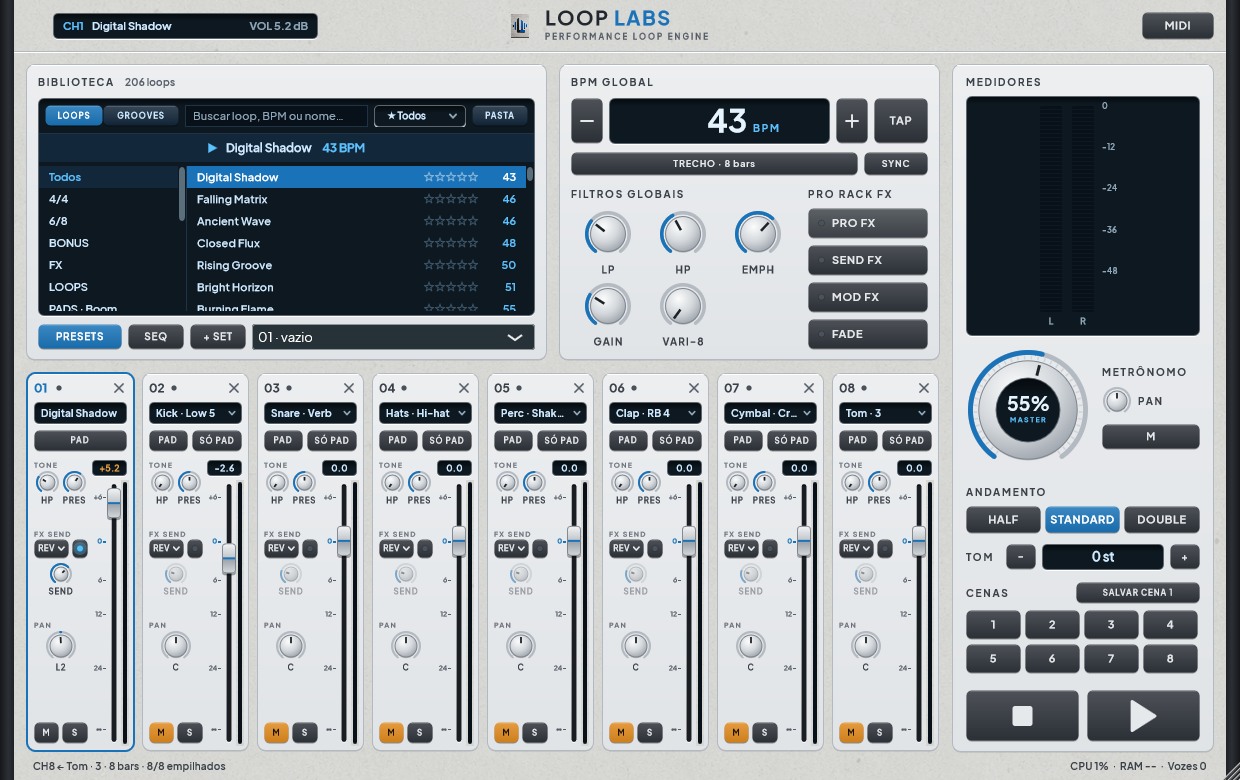 Tela do LoopLabs: biblioteca num display LCD, BPM global, filtros, rack de efeitos, oito canais com faders e a coluna master com cenas e transporte